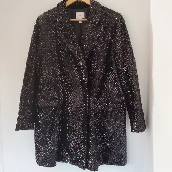 NINE WEST Sz XL Black Sequins Blazer 36" Mini Dress LS Collar Glitzy NYE EUC - Picture 16 of 16